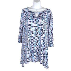 Clara‎ Sun Woo Top Medium Blue White Printed Keyhole 3/4 Sleeve Flawed TP-2682